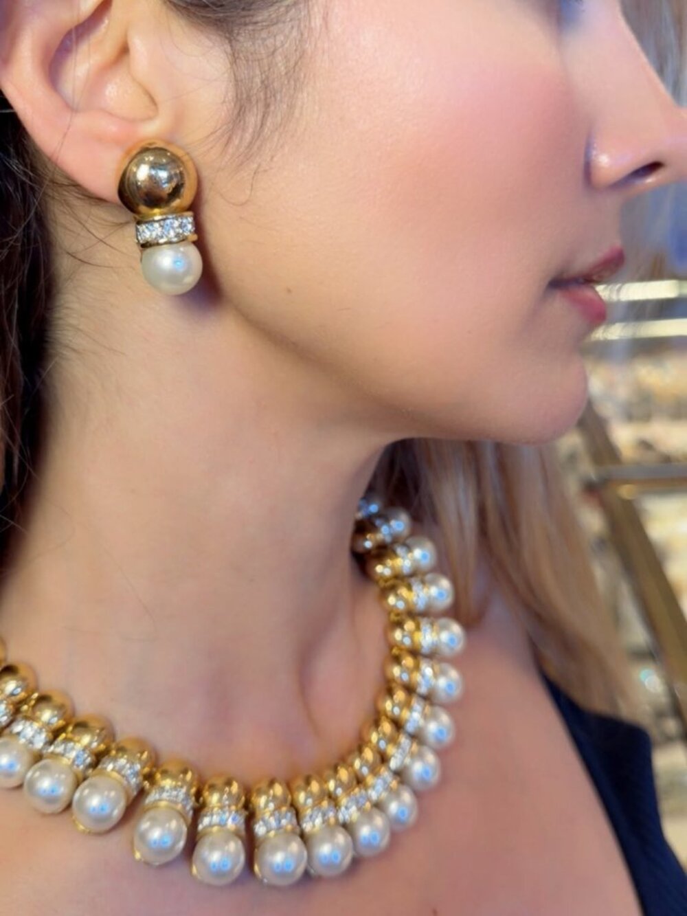 Vintage IVANA Trump Faux Pearl Crystal Collar Necklace and Clip Earrings Set